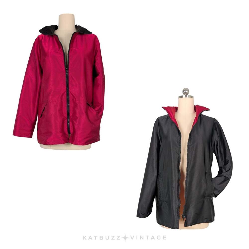 Mycra Pack Reversible Rain Jacket S M Red Black Satin Hood Coat Travel Artsy